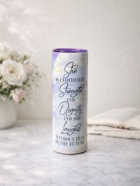 Insulated Purple Marble Travel Tumbler – Inspirational Quote